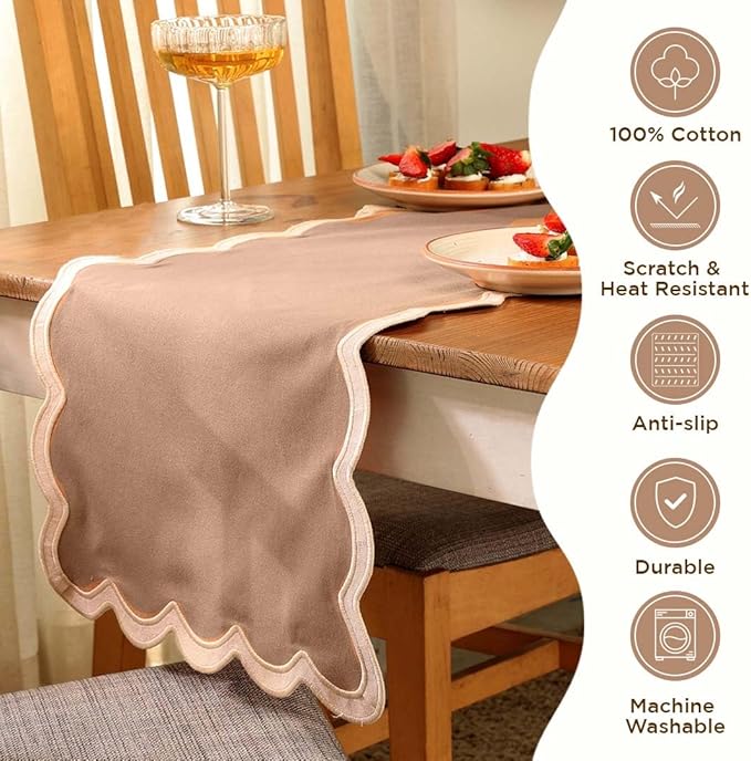 Folkulture Table Runners | Fall Table Runner 108 inches Long | Scallop Table Runner for Fall Decor or Boho Decor | Brown Table Runners for Dining Room | Thanksgiving Decorations for Home