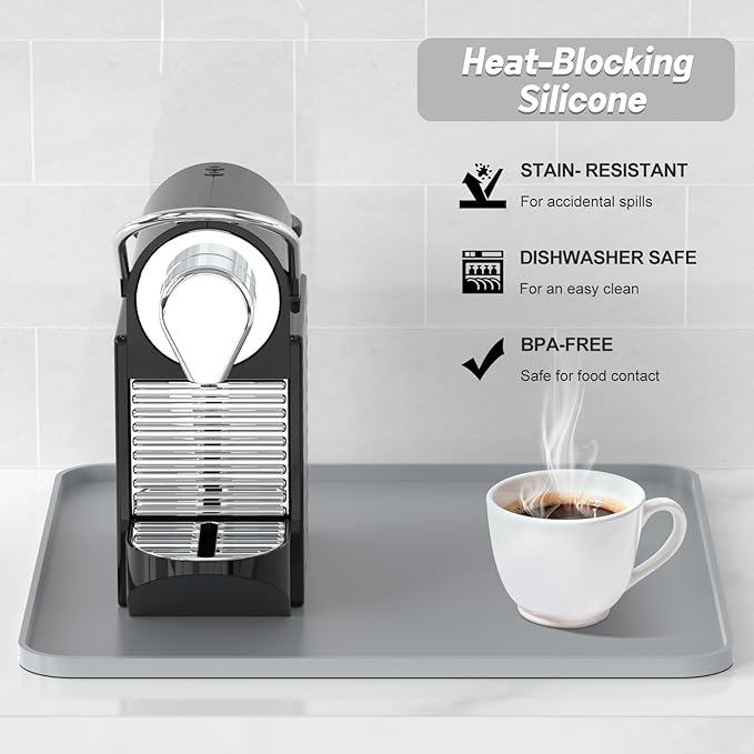 Silicone Coffee Mat,16"×16" Waterproof Heat Resistant Bar Mat for Espresso Machine Station Accessories,Non Slip Dish Drying Mat for Kitchen Counter,Home Decor Essentials,Grey