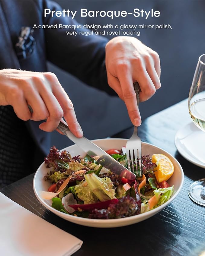 24 Pieces Silverware Set for 4, Retro Royal Flatware Set with Stainless Steel Forks Spoons Knives, Mirror Polished Vintage Tableware Cutlery Set for Kitchen/Hotel/Party Utensils Set, Dishwasher Safe