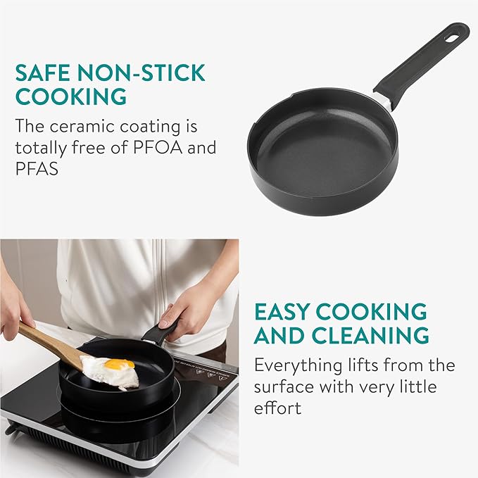 Navaris All in One Frying Pan Set - Ceramic Non Stick Cooking Pan & Small Saucepan with Lid & Stainless Steel Steamer Basket - Cookware Steam Pot & Saucepans - Set of 3