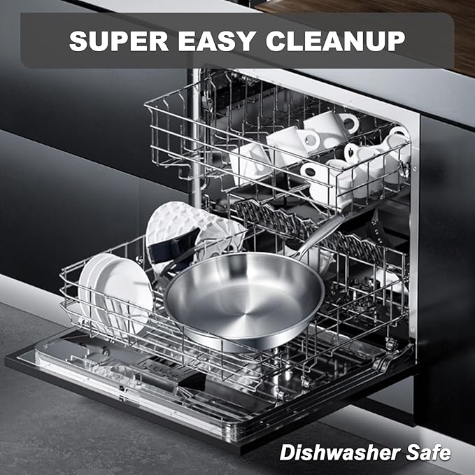 EWFEN 12 Inch Tri-Ply Stainless Steel Frying Pan, Skillet, Induction Cooking Pan, Dishwasher and Oven Safe, Fast & Even Heat, Heavy Duty and Detachable Handle