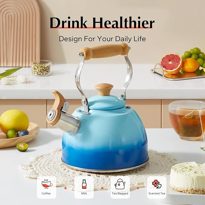 ROCKURWOK Tea Kettle, Tea Pot with Cool Touch Ergonomic Handle, Teapot Food Grade Stainless Steel, Tea Kettle Stovetop, Kettle Teapot, Whistling Tea Kettle, Small Tea Pot, 1.6 Quart (Blue)