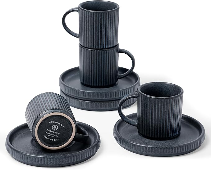 famiware Star Espresso Cups and Saucers Set of 4, [ Mini ] 3 oz Ceramic Small Coffee Mug with Handle, Ribbed Stoneware Demitasse Cup for Tea, Latte - Microwave & Dishwasher Safe - Matte Dark Charcoal
