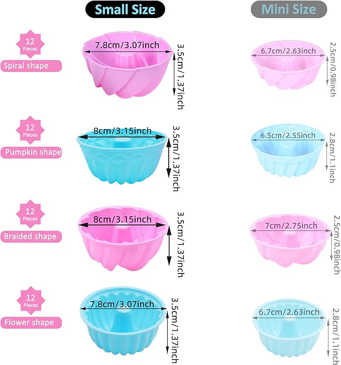 Tongjude 48 Pieces Silicone Donut Mold, 3.15" Diameter 1.37" Deep Small Reusable Baking Cups, Non-Stick, 4 Shape Silicone Molds, Heat Resistant Bakeware for Bagel, Muffin, Jello and Cake Baking