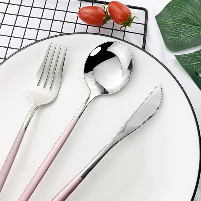JASHII Flatware Serving Set 24 Piece, Stainless Steel Silverware Set, Pink Silver Cutlery Set, Modern Elegant Tableware Set for Party, Christmas, Dinner (Pink Silver)