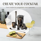 Modern Mixology 21-Piece Cocktail Shaker Set with Stand, Bartender Kit for Home Bar Accessories: 24oz Martini Shaker, Jigger, Strainer, Bar Spoon, Tongs, Opener, Muddler (Black, Brown Stand)