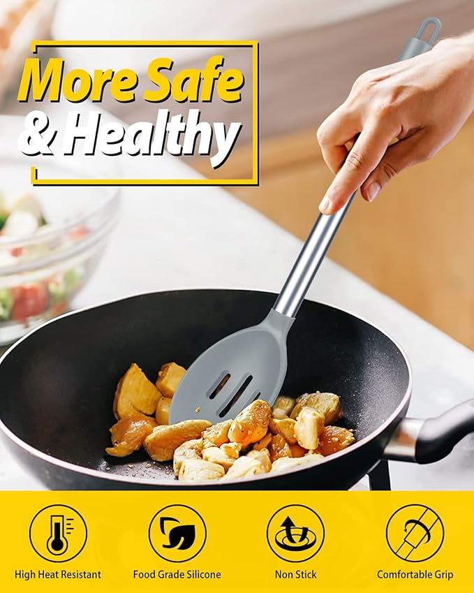 Pack of 2 Large Silicone Cooking Spoons,Non Stick Solid Basting Spoon,Heat-Resistant Kitchen Utensils for Mixing,Serving,Draining,Stirring (GREY)