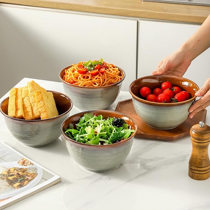 MEKY Soup Bowls, 40oz Large Deep Stoneware Cereal Bowls for Salad, Pasta, Popcorn - Dishwasher & Microwave Safe Set of 4, Elegant Stackable Porcelain Kitchen Dining Serveware, Brown