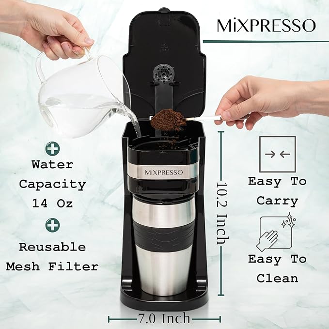 Mixpresso Black Personal Single Serve Coffee Maker with 14oz Travel Mug, Drip Small Coffee Maker with Auto Shut Off, Reusable Filter, Works with Ground Coffee Only – Not for K-Cup Pods