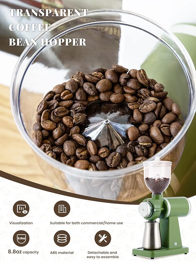 Huanyu Electric Coffee Bean Grinder 250G Commercial&Home Milling Grinding Machine 200W Automatic Burr Grinder Professional Miller 8 Fine - Coarse Grind Size Settings (Green)