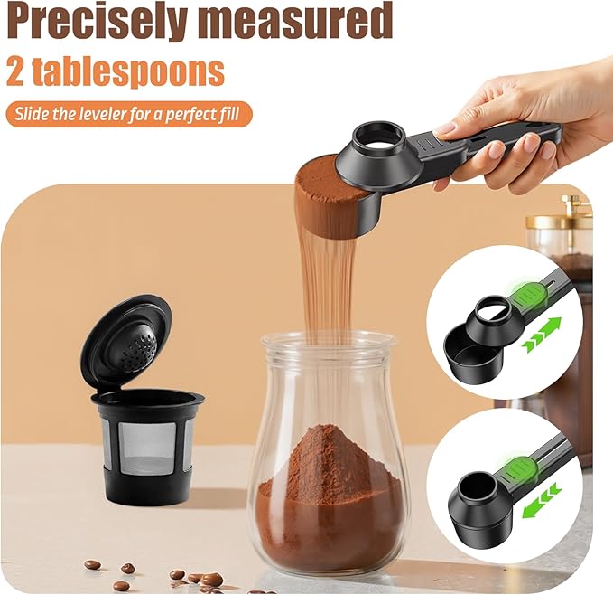 CAPMESSO Coffee Scoop & Funnel for Reusable K Cup Refillable Coffee Pods: 2 Tablespoon Coffee Measuring Scoop - Easy Slide Scoop for Ground Coffee, Protein Powder, Tea without Spilling (2 Pack)