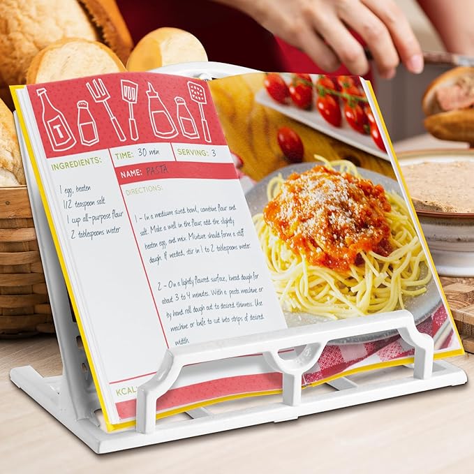 JOGREFUL Cookbook Stand, Cast Iron Heavy-Duty Recipe Book Holder, Kitchen Vintage Recipe Book Holder, Reading Rest Holder for Easel/Counter/Books/Magazine/iPad/Bible, Flower Pattern, White