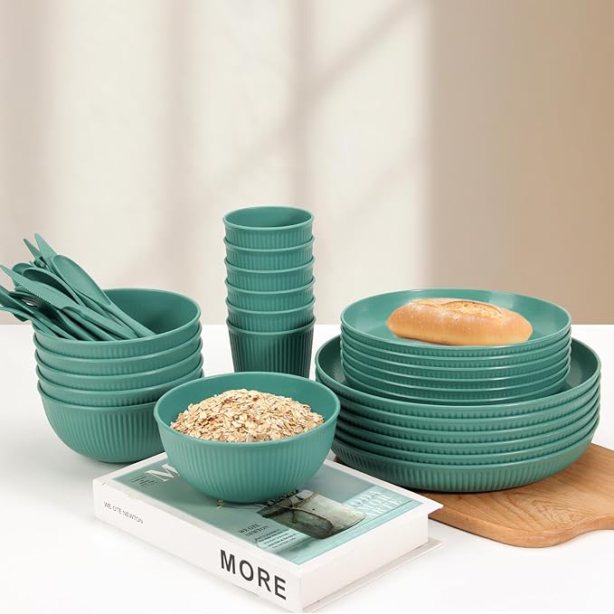 OAMCEG Plates and Bowls Sets Kitchen 42 Pcs, Plastic Wheat Straw Dinnerware Set, Dinner Plate/Dessert Plate/Cereal Bowl/Cup/Flatware Set, Dishwasher Microwave Safe, Outdoor Camping Dishes, Green