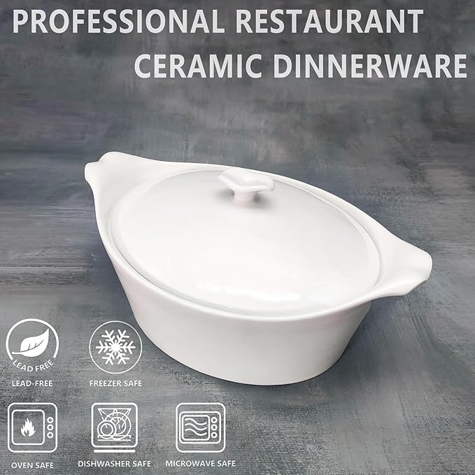 7" x 6" Ceramic Oval Casserole Dish with Lids, 30 Oz White French Serving Soup Tureens, Baking Dish with Handle 9.4 IN, for Casseroles, Cookware Set, Microwave, Oven Safe