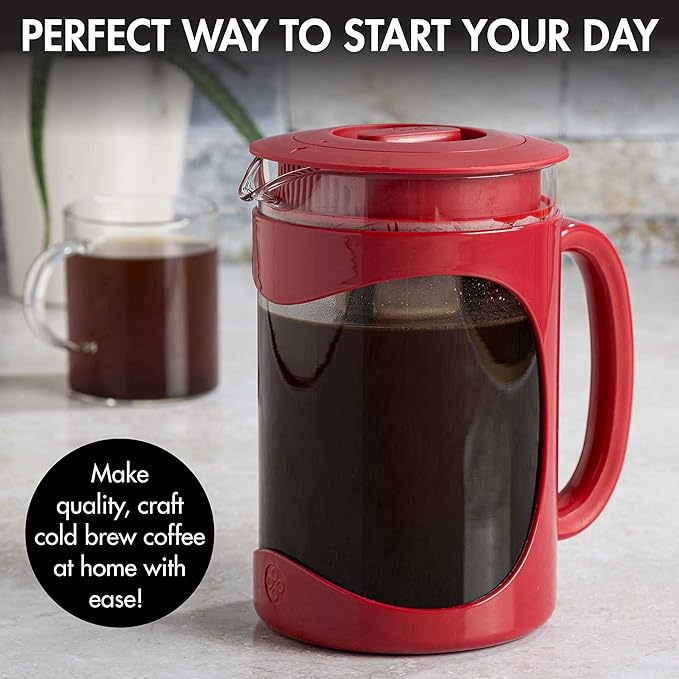 Primula Burke Deluxe Cold Brew Iced Coffee Maker, Comfort Grip Handle, Durable Glass Carafe, Removable Mesh Filter, Perfect 6 Cup Size, Dishwasher Safe, 1.6 qt, Red