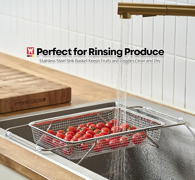 Extendable Dish Rack with Feet, Vegetable Colander Basket, Stainless Steel Dish or Silverware Drying Rack, Ultimate Kitchen Organizer Over The Sink (11.81 x 8.27 x 2.76 Inches)