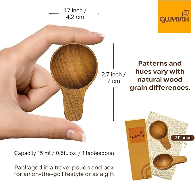 2 Pieces Small Wooden Spoon, Short Handle Teak Wood Scoops for Coffee Beans Tea Salt Sugar for Spice Jars and Short Containers