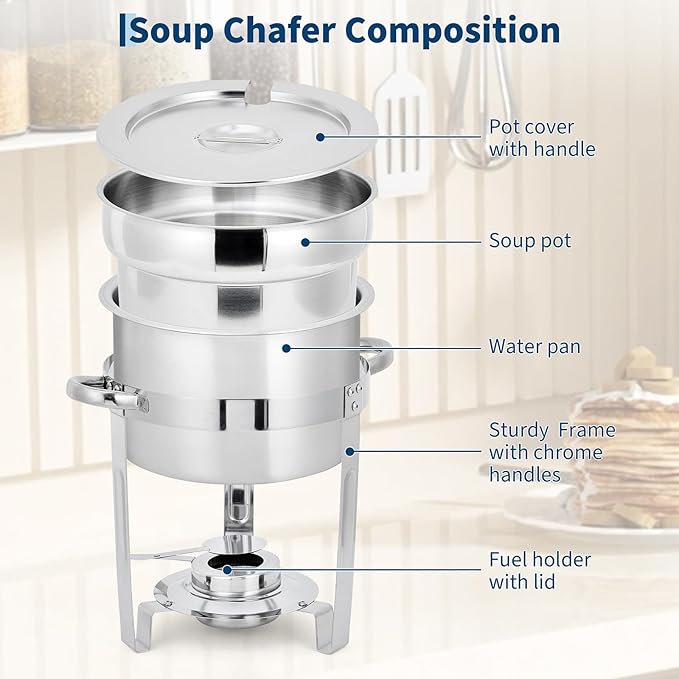 Commercial 7QT Soup Chafer Set, 4 Pack Stainless Steel Round Food Warmers Set with Pot, Notched Lids & Fuel Containers, Soup Warmers Ideal for Buffet Service & Event Catering