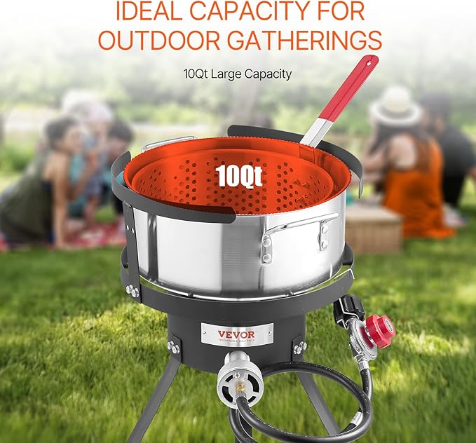 VEVOR 10 Qt Fish and Wing Fryer, Aluminum Propane Fish Fryer Kit, Outdoor Deep Fryer Seafood Pot with Thermometer, Strainer Basket, and 54,000 BTUs Propane Burners, for Outdoor and Backyard Cooking
