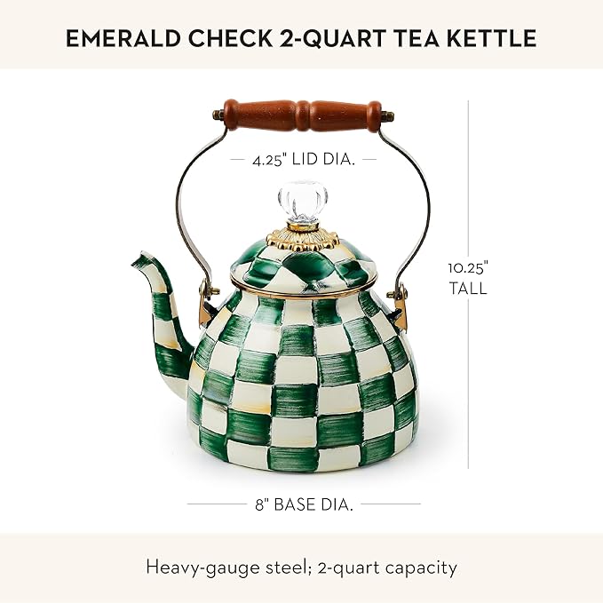 MACKENZIE-CHILDS Enamel Tea Kettle, Stylish Tea Kettle for Stovetop, Green-and-White Emerald Check, 2 Quarts