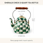 MACKENZIE-CHILDS Enamel Tea Kettle, Stylish Tea Kettle for Stovetop, Green-and-White Emerald Check, 2 Quarts