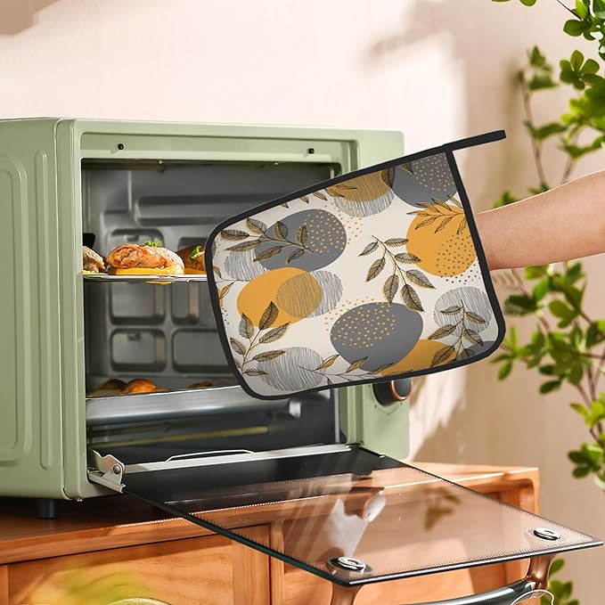 Boho Leaves Pot Holders Set of 2 Heat Resistant Potholders,Stripes and Dots Fire Oven Hot Pads for Kitchen Cooking Baking Barbecue