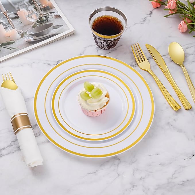 Goodluck 175 Piece Gold Plastic Dinnerware Set for 25 Guests, Fancy Disposable Plates for Party, Include: 25 Dinner Plates, 25 Dessert Plates, 25 Pre Rolled Napkins with Gold Silverware, 25 Cups