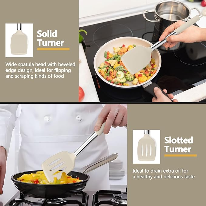 P&P CHEF Khaki Kitchen Cooking Utensil Set of 4, Silicone Solid Spatulas Slotted Spoons Turners for Non-stick Cookware Flipping Mixing, Heat-proof