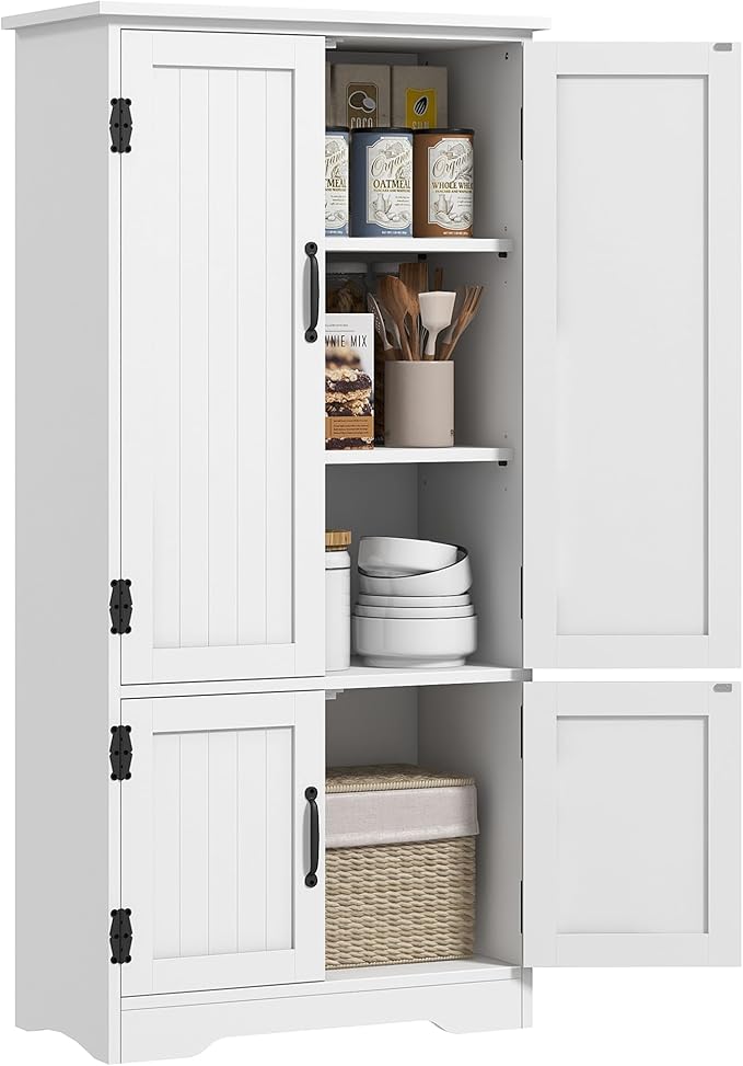 HOMCOM 48.5" Kitchen Pantry Cabinet with 2 Adjustable Shelves and 4 Beadboard Doors, Compact Farmhouse Kitchen Storage Cabinet for Dining Room, White