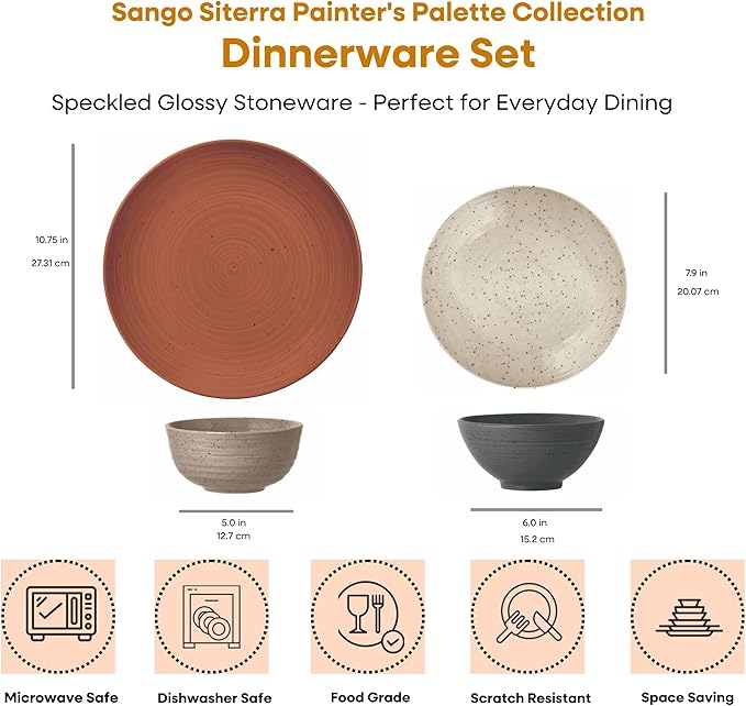 Sango Siterra Painter's Palette 16-Piece Stoneware Dinnerware Set - Service for 4, Ceramic Plates and Bowls Sets, Chip Resistant, Rustic Dishware, Microwave & Dishwasher Safe Kitchen Dishes