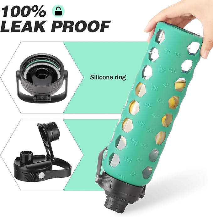 MUKOKO Glass Water Bottles, 32oz Glass Tumbler with Straw, Drinking Bottles with 2 Lids-Handle Spout Lid&Bamboo Straw Lid, Motivational Water Bottle with Time Marker and Silicone Sleeve, 1 Pack-Green