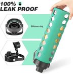 MUKOKO Glass Water Bottles, 32oz Glass Tumbler with Straw, Drinking Bottles with 2 Lids-Handle Spout Lid&Bamboo Straw Lid, Motivational Water Bottle with Time Marker and Silicone Sleeve, 1 Pack-Green