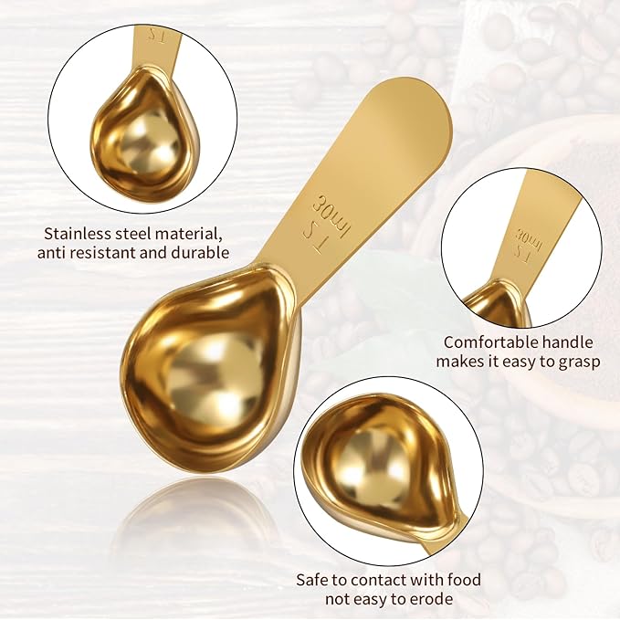 1 Gold Measuring Spoons (15 Ml) and 1 Tablespoons (30 Ml) Coffee Scoop for Ground Coffees, Stainless Steel Coffee Spoons Set Short Handle Tablespoon Measuring Spoon for Milk Tea Sugar Protein Brewin