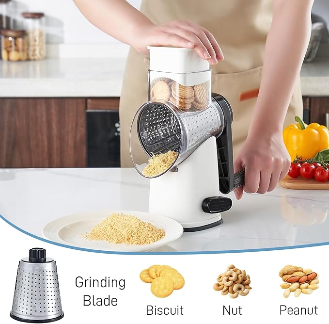 VEKAYA Cheese Grater, Cheese Grater Hand Crank, 4 Interchangeable Blades Cheese Shredder, Vegetable Slicer, Non-slip Suction Base, Easy to Clean Rotary Grater with Handle (White)