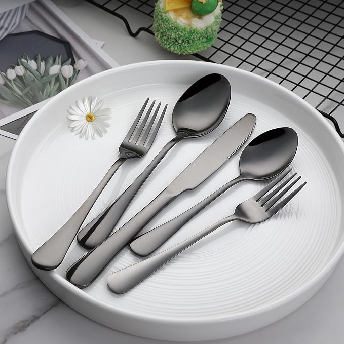 VANDBAO Black Flatware Cutlery Silverware Set 20 Pieces, Stainless Steel Colorful Utensils, Tableware Set Service for 4, Include Knife/Fork/Spoon, Reusable, Mirror Polished, Dishwasher Safe