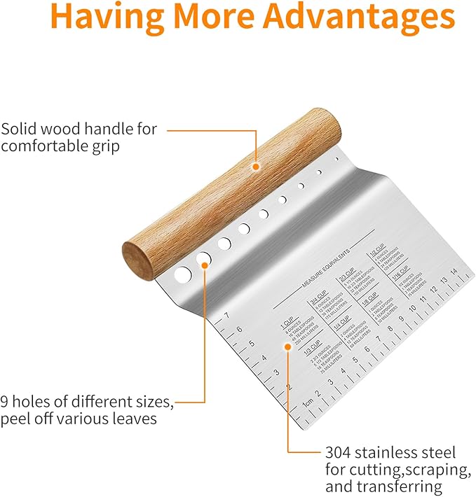 ALLTOP Dough Bench Scraper/Cutter/Chopper Stainless Steel Blade with Herb Stripper,Multipurpose Kitchen Pastry Tool with Scale Ruler - Leaf Remover - 1 Pack