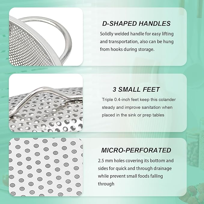 Stainless Steel Colander, 3-Quart Micro-Perforated Metal Colander Strainer with Handle for Kitchen/Draining Pasta/Rinsing Vegetables Fruits,Dishwasher Safe - 8.8 Inches