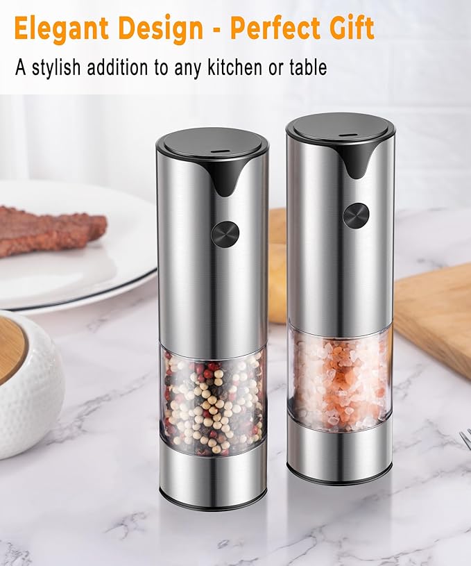 Rechargeable Electric Salt and Pepper Grinder Set - Extra Large Capacity - Automatic Black Peppercorn & Sea Salt Spice Mill Set with Adjustable Coarseness & LED Light Refillable