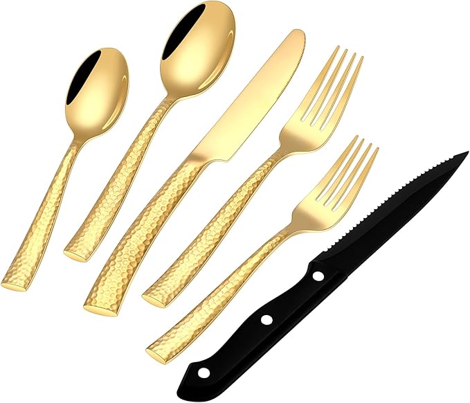 EUIRIO Hammered Gold Silverware Set, 48-Piece Stainless Steel Flatware Set for 8, Shiny Gold Utensils Cutlery for Home Hotel, Forks, Spoons and Knives Set, Dishwasher Safe