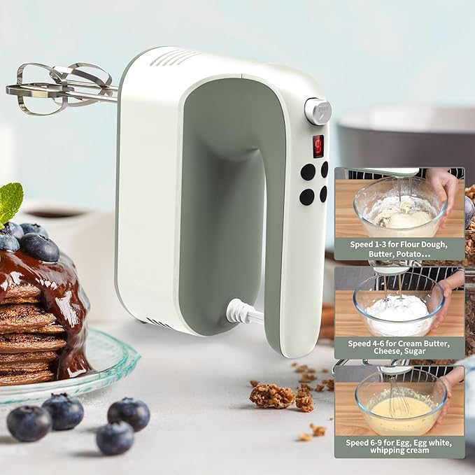 9-Speed Digital Hand Mixer Electric, 400W DC Motor, Hand Mixer electric Handheld with Snap-On Storage Case, Touch Button, Turbo Boost, 5x Stainless Steel Accessories (Light Green)