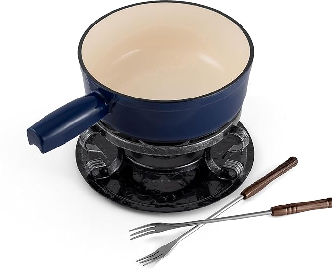 Swissmar Lugano Cast Iron Cheese Fondue Set, 9-Piece, 2 QT / 2 L - Ideal for Melting Cheese, Chocolates, Caramel, & More - Perfect for Kitchen Collection & Gift Giving - Deep Blue