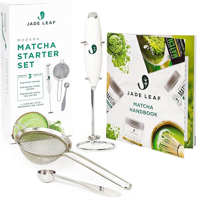 Jade Leaf Matcha - Modern Starter Gift Set Includes: Electric Matcha Whisk + Milk Frother, Stainless Steel Spoon, Stainless Steel Sifter, and Printed Handbook