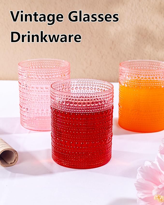 YOUBET 24PCS Plastic Drinking Glasses - 14OZ Pink Hobnail Drinkware Glasses - Vintage Glassware Textured Beaded Cups for Water, Beer, Whiskey, Juice and Various Mixed Drinks