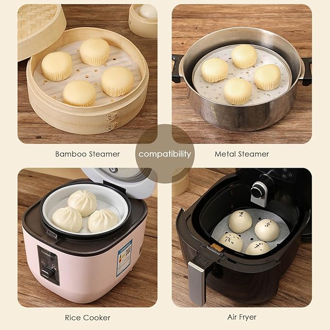 100pcs 11 Inch Round Air Fryer Liners, Fits 12-Inch Bamboo Steamer Baskets, Premium Perforated Parchment Paper Sheets, Non-stick Basket Mat, Perfect for Steaming/Baking/Air Fryers/Cooking