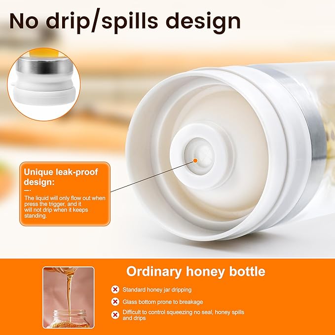 Glass Honey Dispenser No Drip with Stand, 12 OZ Honey Pot Jar with Handle, Syrup Dispenser for Coffee or Tea, Yellow