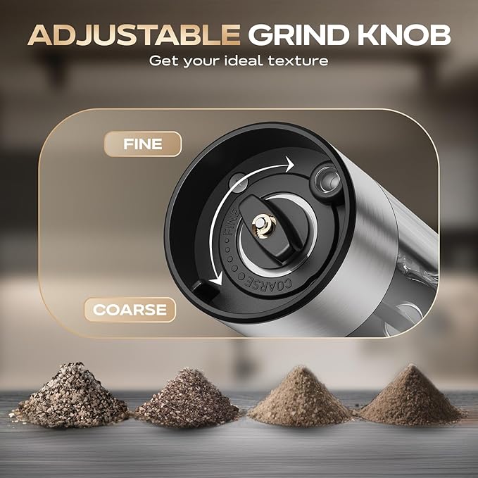 Electric Salt and Pepper Grinder Set, Rechargeable Automatic Salt Pepper Shakers Mills, Adjustable Coarseness Easy Filling with Base, for Kitchen Outdoors Gift- 2 Packs, Silver Stainless Steel