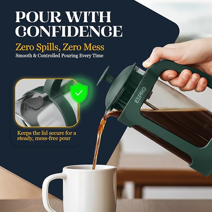 ESPRO P3 French Press Coffee Maker – Patented Double Micro-Filter for Grit-Free Brew, Heat Resistant thicker Borosilicate Glass Coffee press – Green (32 oz)