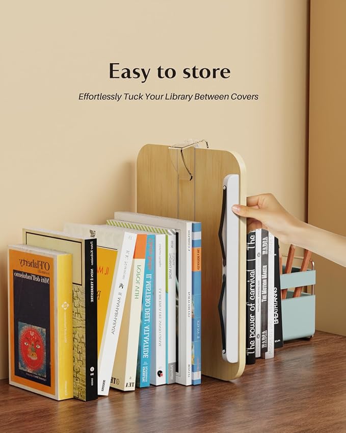 Book Stand for Reading,KVRG Adjustable Book Holder with 360° Rotating Metal Base,Foldable Cookbook Stand, Reading Hands Free with ABS Expandable Page Clips for Recipe,Textbook,Laptop-Oak