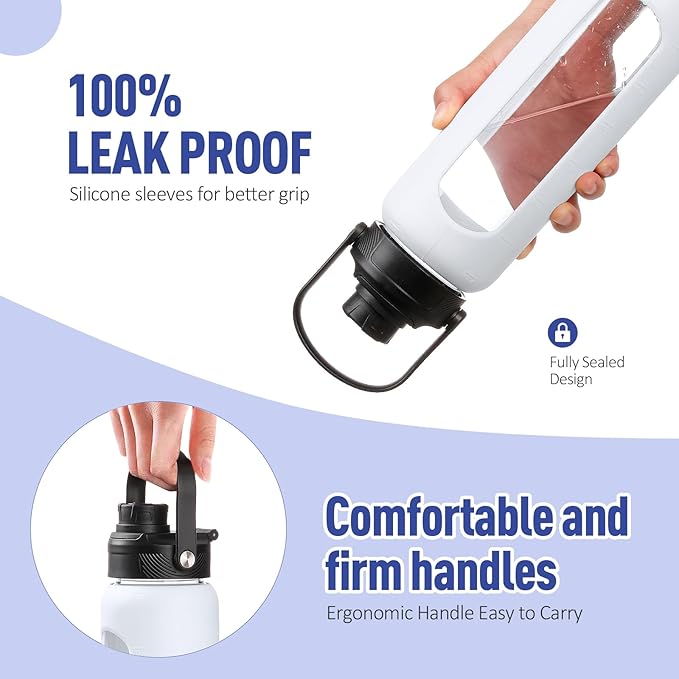 Kodrine Water Bottle with Straw, 24 oz Glass water Bottle with 2 Lids Bamboo Straw Lid and Spout Lid with Handle, 32 oz Clear Water Bottle Glass for Sports Travel, Waterbottle with Time Marker