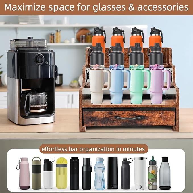 3-Tier Liquor Bottle Display Shelf with Drawers- Holds 12 Bottles & 36 K-Cups, Tabletop Wine Rack, Coffee Syrup Rack, for Mini Bar, Whiskey, Spice Storage, Kitchen Organizers